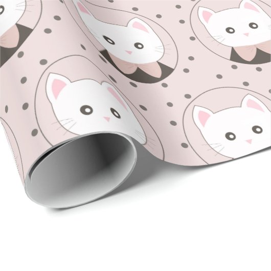 Cute Cat Face Pink Dotty Patroon Cadeaupapier (Rol Hoek)