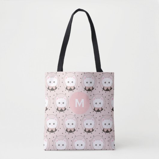 Cute Cat Face Pink Dotty Pattern Monogram Draagtas (Voorkant)
