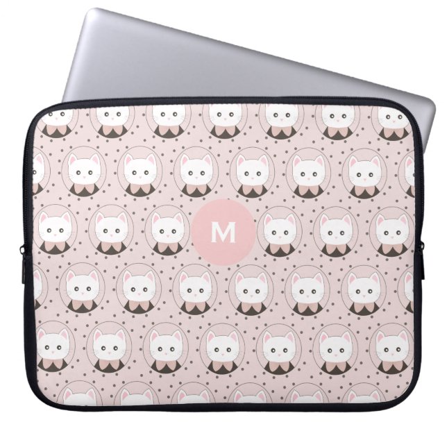 Cute Cat Face Pink Dotty Pattern Monogram Laptop Sleeve (Voorkant)