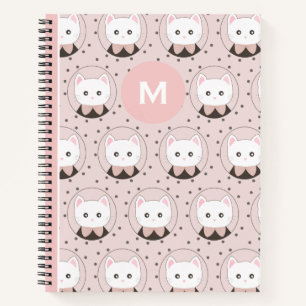Cute Cat Face Pink Dotty Pattern Monogram Notitieboek