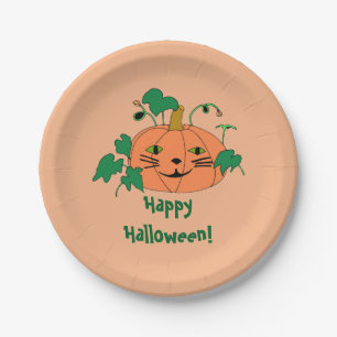 Cute Cat Face Pumpkin Happy Halloween Borden Papieren Bordje