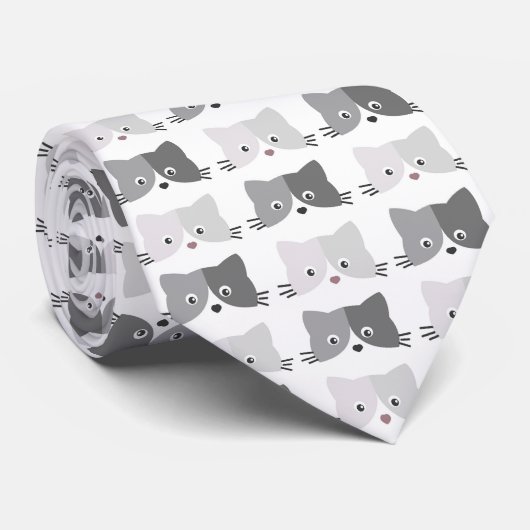 Cute Cat Faces Gray Cat Pattern Stropdas (Opgerold)
