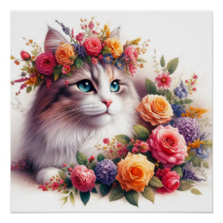Cute cat flowers painting perfect poster