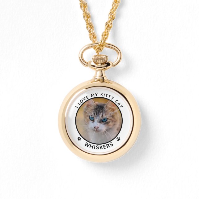 Cute Cat Foto Name Paw Prints Personeelsklaar Horloge (Voorkant)