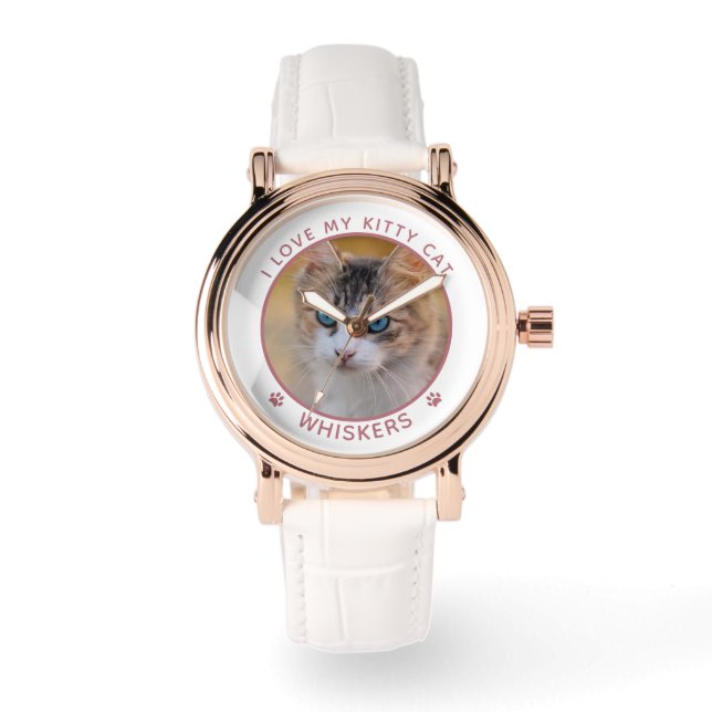 Cute Cat Foto Name Pink Paw Prints Personeelsklaar Horloge (Voorkant)