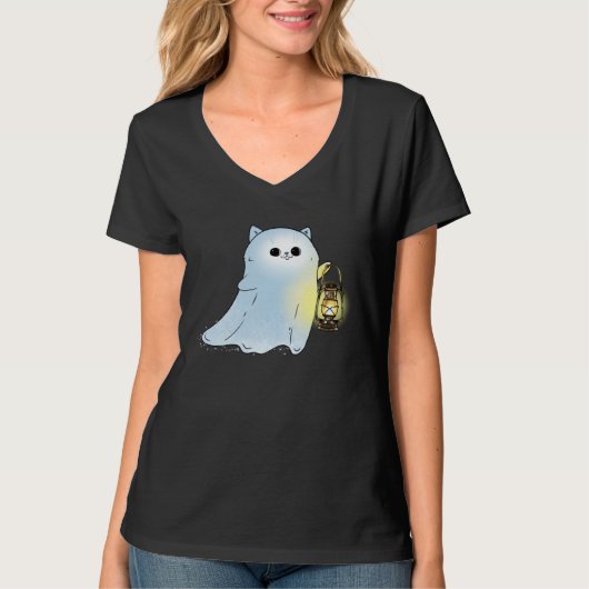 Cute Cat Ghost With Lantern Spook Phantom Hallowee T-shirt (Voorkant)