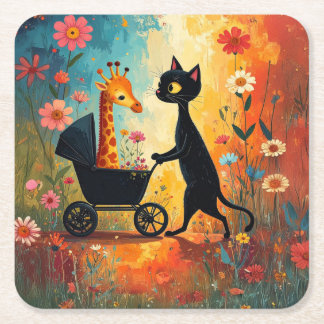 Cute Cat Giraffe Paper Coaster Vierkante Kartonnen Onderzetter