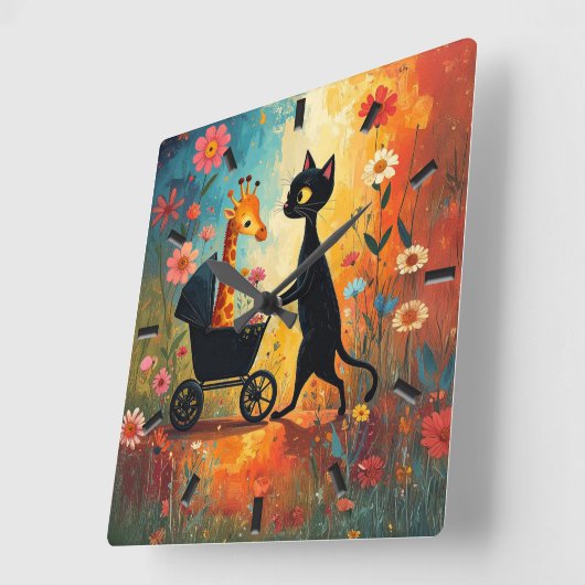 Cute Cat Giraffe Wall Clock Vierkante Klok (Hoek)