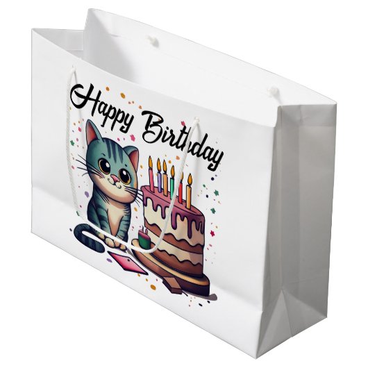 Cute Cat Happy Birthday Groot Cadeauzakje (Voorkant Gekanteld)