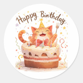 Cute Cat Happy Birthday Ronde Sticker
