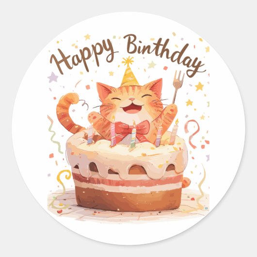Cute Cat Happy Birthday Ronde Sticker (Voorkant)