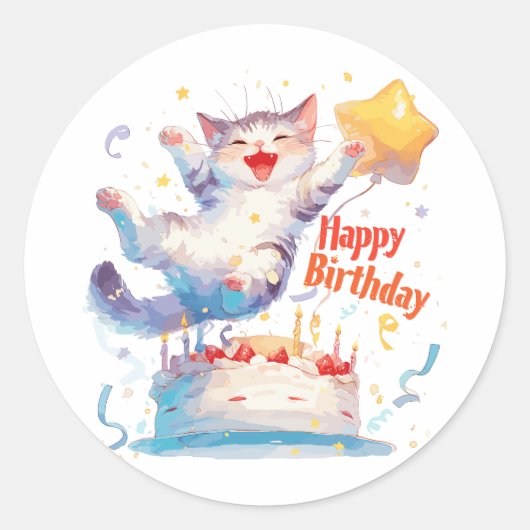 Cute Cat Happy Birthday Ronde Sticker (Voorkant)