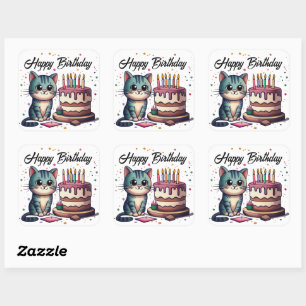 Cute Cat Happy Birthday Vierkante Sticker