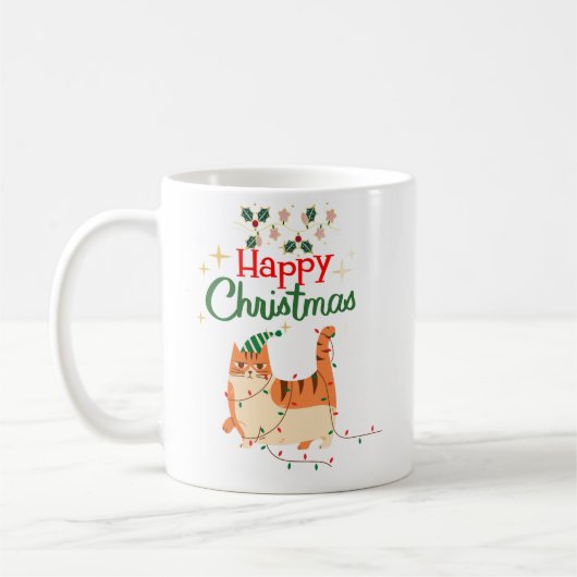 Cute Cat 'Happy Christmas' Holiday Mug (Gauche)