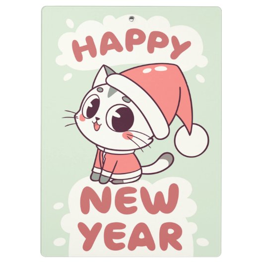 cute cat happy new year clipboard klembord (Achterkant)