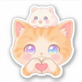 Cute Cat Heart Hands with Hamster on Head Sticker (Devant)