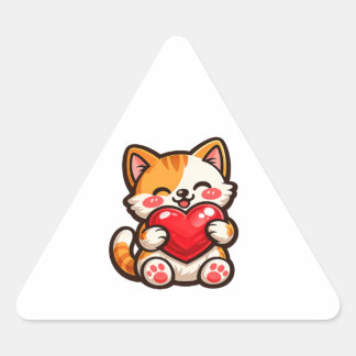 Cute Cat Heart – Kawaii Cat Hugging Red Heart, Cut Driehoek Sticker