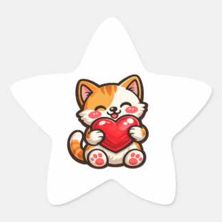 Cute Cat Heart – Kawaii Cat Hugging Red Heart, Cut Ster Sticker