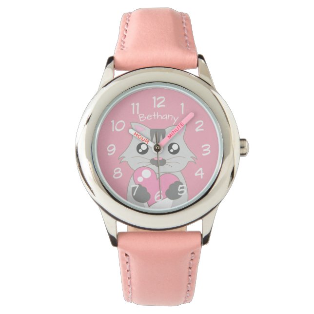 Cute Cat Holding roze hart gepersonaliseerd Horloge (Voorkant)