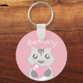 Cute Cat Holding roze hart gepersonaliseerd Sleutelhanger (Voorkant)