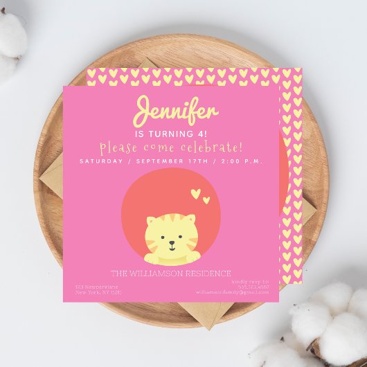 Cute Cat - Hot Pink Kids Birthday Party Uitnodigin Kaart