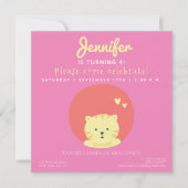 Cute Cat - Hot Pink Kids Birthday Party Uitnodigin Kaart (Voorkant)