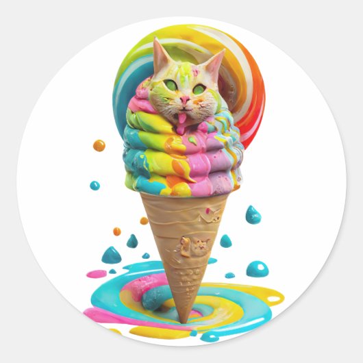 Cute Cat Ice Cream Cone kleurful Ronde Sticker (Voorkant)