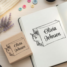 Cute Cat in a Bag Signature Name Wooden Stamp Rubberstempel