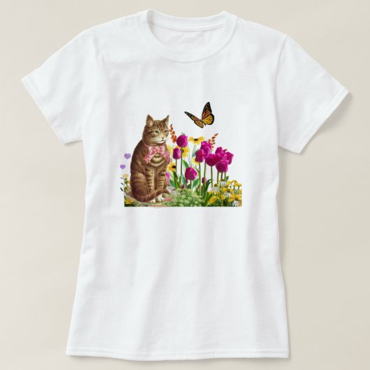 Cute Cat in de ventilatortuin met vlinder T-shirt (Design voorkant)