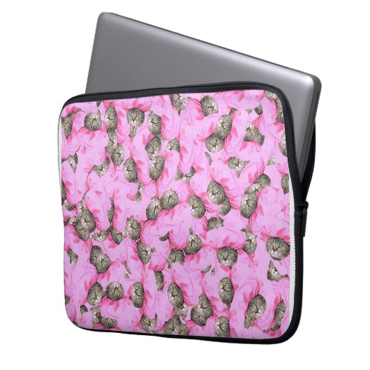 Cute Cat in een roze Pet Patroon Random Laptop Sleeve (Voorkant Links)