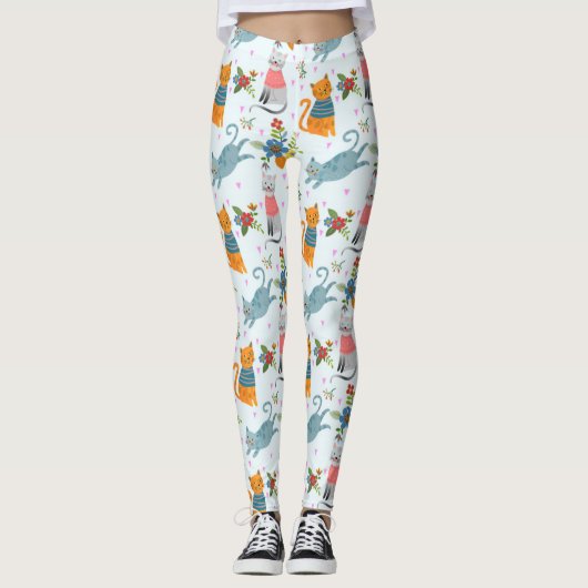 Cute Cat in Flowers Garden Pattern Leggings (Voorkant)