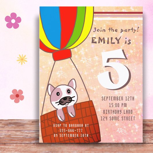 Cute Cat in Hot Air ballon Glitter Girl Birthday Uitnodiging Briefkaart