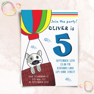 Cute Cat in Hot Air Balloon Boy Birthday Uitnodiging Briefkaart