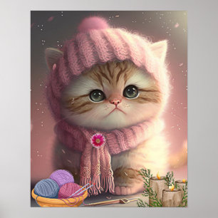 Cute Cat in Pink Knit Pet en Scarf Yarn Art Poster