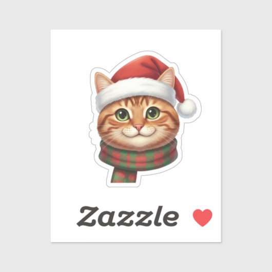 Cute Cat in Santa Hat & Knit Scarf Christmas  Sticker (Vel)