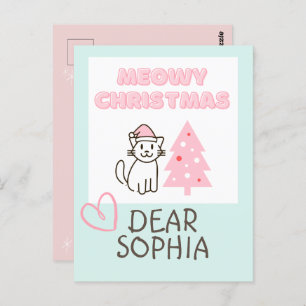 Cute Cat in Santa Hat&Tree Meowy-kerstpasta Briefkaart