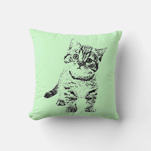 Cute Cat Ink Pen Schets Groen Kussen (Voorkant)