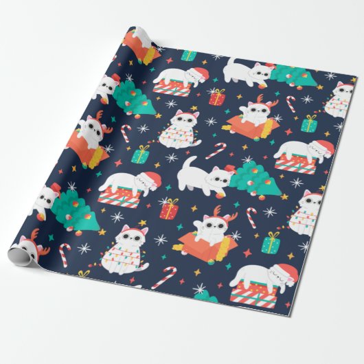 Cute Cat Kerstmis Cadeaupapier (Uitgerold)
