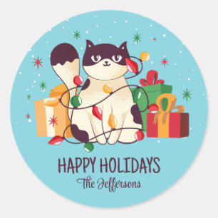 Cute Cat Kerstmis Snowy Winter Holiday Ronde Sticker