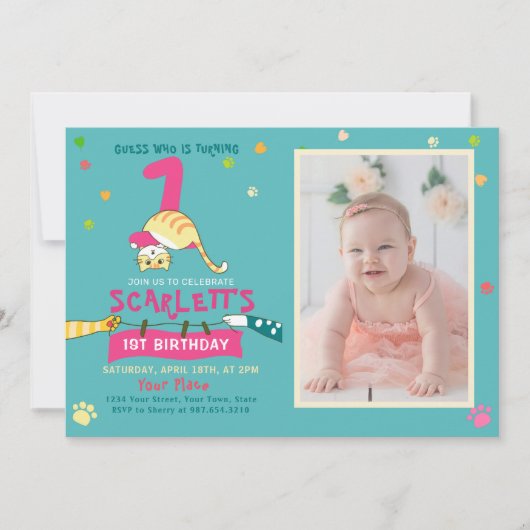 Cute Cat Kids First Birthday Party Invitation (Devant)