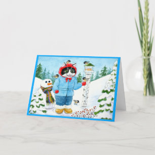 Cute Cat Kitten Bird Feeder wenskaart Feestdagen Kaart
