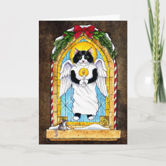 Cute Cat Kitten Christmas Angel souris Carte de va (Devant)