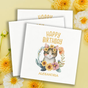 Cute Cat Kitten Little Girl's Happy Birthday Servet