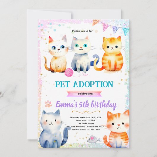 Cute cat kitty theme party invitation (Devant)