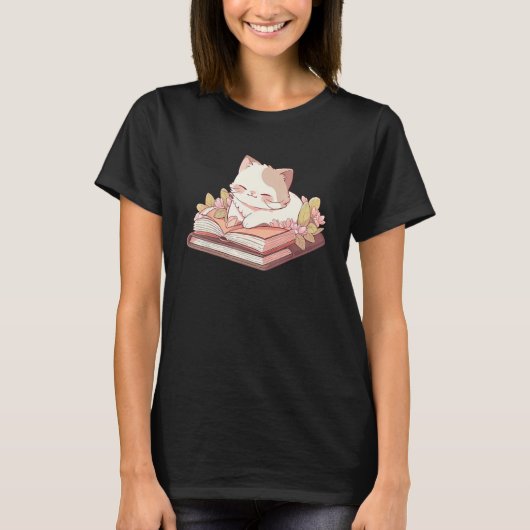 Cute Cat Lying On Opened Book With Flower Aestheti T-shirt (Voorkant)