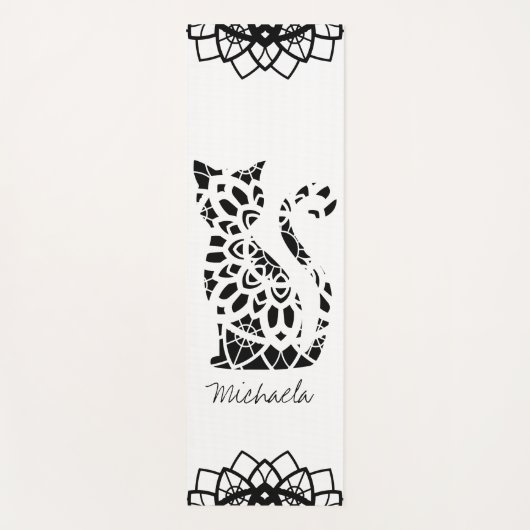Cute Cat Mandala Name Girly Black  Yogamat (Voorkant)
