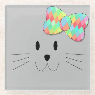 Cute Cat Meow Rainbow Bow Gray Glitter Kat Kinder Glazen Onderzetter