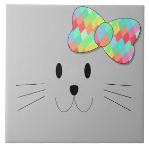 Cute Cat Meow Rainbow Bow Gray Glitter Kat Kinder Tegeltje