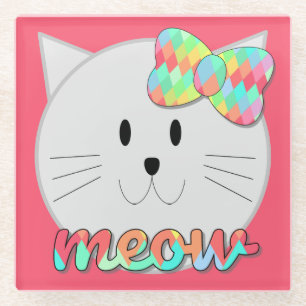 Cute Cat Meow Rainbow Bow Roze Glitter Kat Kinder Glazen Onderzetter