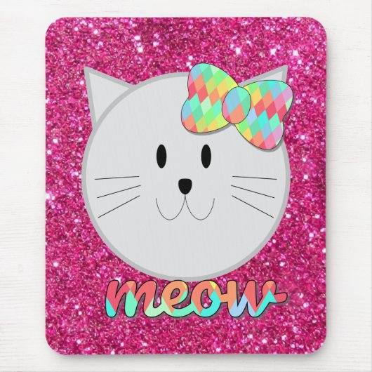 Cute Cat Meow Rainbow Bow Roze Glitter Kat Kinder Muismat (Voorkant)